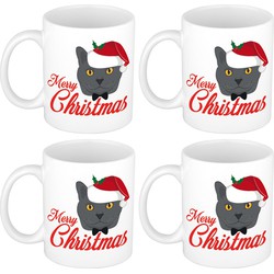 Set van 4x stuks kerstcadeau mokken/bekers Merry Christmas met grijze kat / poes Kerstmis 300 ml - Bekers