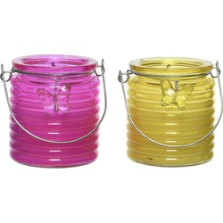 Citronella kaars - 2x - in windlicht - roze en geel - 20 branduren - citrusgeur - geurkaarsen