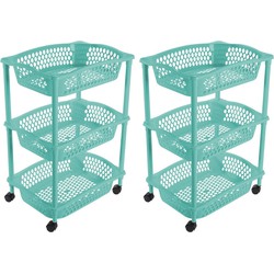 2x stuks keuken opberg trolleys/roltafels met 3 manden 62 cm turquoise blauw - Opberg trolley