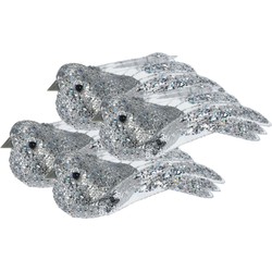 4x stuks kunststof decoratie vogels op clip zilver met pailletten 15 cm - Kersthangers
