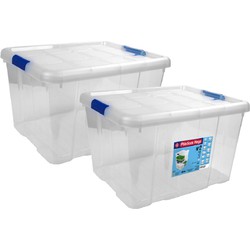 Set van 2x stuks kunststof opbergbox/opbergkist met deksel 25 liter transparant 42 x 35 x 25 cm - Opbergbox