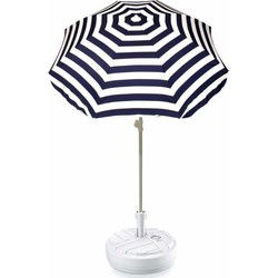 Blauw gestreepte strand/tuin basic parasol van nylon 180 cm + parasolvoet wit - Parasols