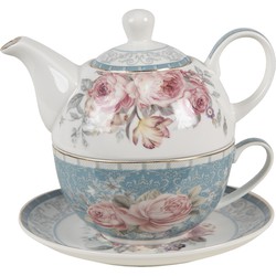 Clayre & Eef Tea for One  400 ml Blauw Wit Porselein Bloemen Theepot set