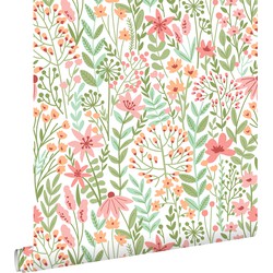 ESTAhome behang veldbloemen groen, roze en warm oranje - 0.53 x 10.05 m - 139673