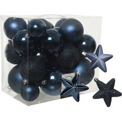 Pakket 32x stuks kunststof kerstballen en sterren ornamenten donkerblauw - Kerstbal