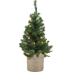 Kunstboom/kunst kerstboom groen 60 cm met verlichting en naturel jute pot - Kunstkerstboom