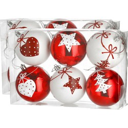 12x stuks gedecoreerde kerstballen rood en wit kunststof 6 cm - Kerstbal