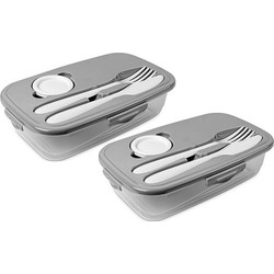 2x Voedsel plastic bewaarbakjes 1 liter transparant/grijs met bestek en dressingbakje - Lunchboxen