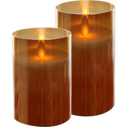 2x stuks luxe led kaarsen/stompkaarsen in gouden glas H10 cm en H12,5 cm flakkerend - LED kaarsen