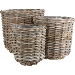 Mica Decorations Marcia Plantenmand Buiten - Set van 3 - H40 x Ø43 cm - Rotan - Grijs