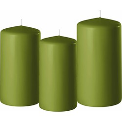 3x stuks olijf groene stompkaarsen 10-12-15 cm - Stompkaarsen