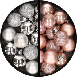 34x stuks kunststof kerstballen zilver en lichtroze 3 cm - Kerstbal