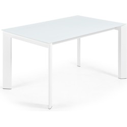 Kave Home - Axis uitschuifbare tafel in wit glas en wit stalen poten 140 (200) cm