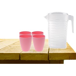 Set van 1x waterkan 1 liter met 4x drinkbekers kunststof roze - Schenkkannen
