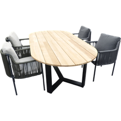 Set van Kaihou tafel 260x122x76 cm ovaal teak en 4 Umi stoelen zwart/grijs