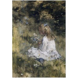 Schilderij op Paneel Het Meisje met Bloemen in het Gras