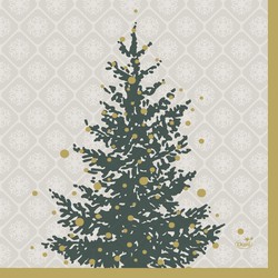20x Grijze/gouden Kerst servetjes met kerstboompjes print 24 x 24 cm versiering/decoratie - Feestservetten