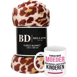 Cadeau moeder set - Fleece plaid/deken panter print met Trotse moeder van leukste kinderen mok - Plaids