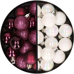 34x stuks kunststof kerstballen aubergine paars en parelmoer wit 3 cm - Kerstbal