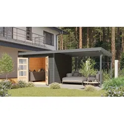 Karibu tuinhuis Pluto B met overkapping antraciet-grijs, 571 x 271 cm
