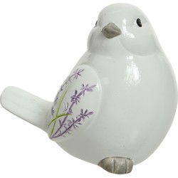 tuinbeeld vogel - wit - lavendel bloemen - staart omlaag - 9 cm - Tuinbeelden