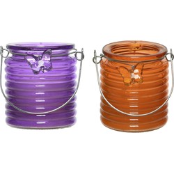 Citronella windlicht met kaars - paars en oranje - 20 branduren - citrusgeur - geurkaarsen