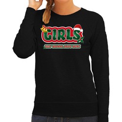 Bellatio Decorations foute kersttrui/sweater voor dames - girls just wanna have wine - zwart/rood XS - kerst truien