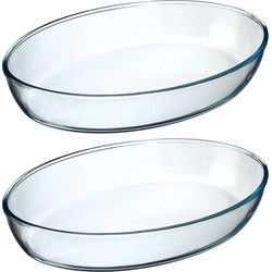 2x stuks ovenschaal ovaal - Transparant - Geglazuurd glas - 35 x 25 x 6 cm - Ovenschalen