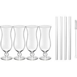 4x Cocktailglazen / Blue Hawaii glazen transparant 440 ml met glazen rietjes - Cocktailglazen