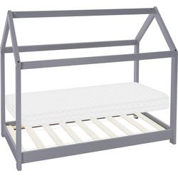 Kinderbed huisbed 70x140 cm lichtgrijs gemaakt van grenenhout incl. matras H-10cm houten bed met dak en lattenbodem ML design