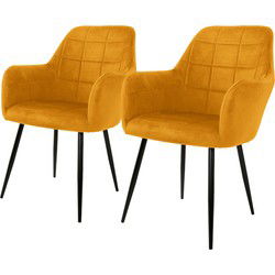 Eetkamerstoelen met rugleuning & armleuningen set van 2 mosterd fluwelen bekleding vierkant gewatteerd met metalen poten ML design