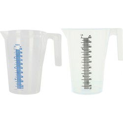 2x Kunststof maataanduiding maatbeker transparant 1000 ml/2000 ml - Maatbekers
