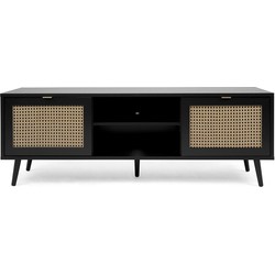 TV-meubel met 2 deuren, 2 neerklapbare fronten, rotanprint en zwart - Villa - L150 x H52 x D40 cm