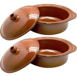 Tapas ovenschaal - 2x - cocotte - terracotta - 26 cm - met deksel -stoofpot - Braadpannen