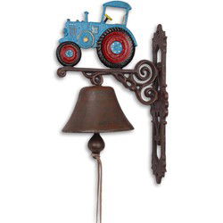 A PAIR OF CAST IRON RED AND BLUE TRACTOR BELLS