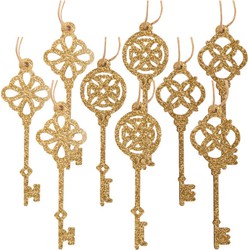 18x stuks sleutels kersthangers glitter goud van hout 10,5 cm kerstornamenten - Kersthangers
