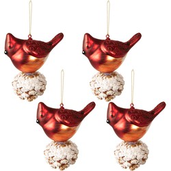 Clayre & Eef Kerstbal Set van 4 Vogel 11x6x11 cm Rood Wit Glas Kerstboomversiering