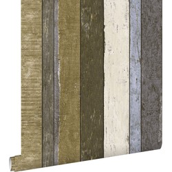 ESTAhome behang houten plankjes beige, blauw en khaki groen - 53 cm x 10,05 m - 138253