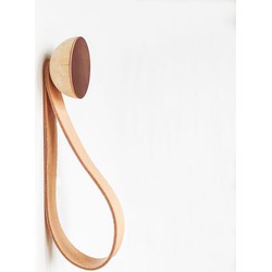 Round Beech Wood and Copper Wall Hook with Leather Loop