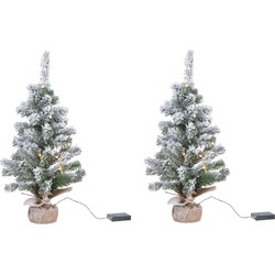 2x stuks kunstboom/kunst kerstboom met sneeuw en licht 60 cm - Kunstkerstboom