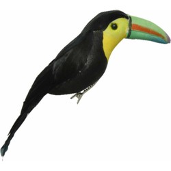 Decoratie kunststof vogel beeldje toekan op clip zwart/geel 18 cm - Kersthangers