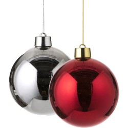 Kerstversieringen set van 2x grote kunststof kerstballen rood en zilver 20 cm glans - Kerstbal