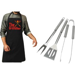 BBQ/barbecue gereedschap set 3-delig RVS met zwart schort The GrillFather - Barbecuegereedschapset