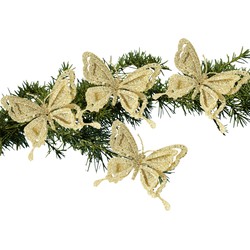 4x stuks kerstboom decoratie vlinders op clip glitter goud 14 cm - Kersthangers