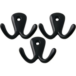 Kapstokhaken - 3x - dubbele haak - aluminium - zwart - 5,0 cm - Kapstokhaken