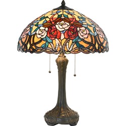 LumiLamp Tiffany Tafellamp  Ø 46x64 cm  Rood Blauw Glas Halfrond Roos Tiffany Bureaulamp