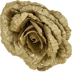 1x stuks decoratie bloemen roos goud glitter op clip 18 cm - Kersthangers