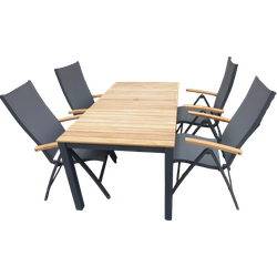 Set van Arashi tafel 169x90 cm grijs/teak en 4 Lucca stoelen antraciet/teak