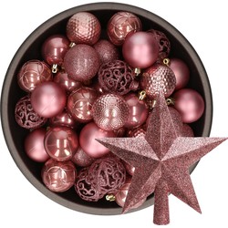 37x stuks kunststof kerstballen 6 cm incl. ster piek oudroze - Kerstbal