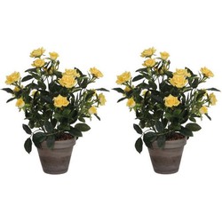 2x Gele rozen kunstplanten 33 cm met pot stan grey - Kunstplanten